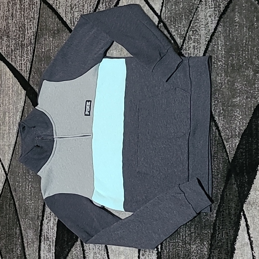 VS PINK 2018 QUARTER-ZIP COLOR-BLOCK KANGAROO POCKET SWEATSHIRT